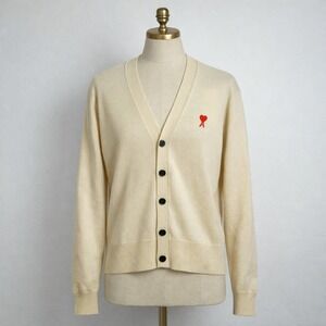 Ami Alexandre Mattiussi Paris ADC Cream Heart Logo V-Neck Button Cardigan Sz XS